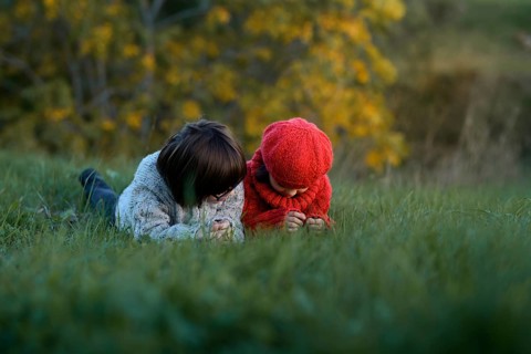 Two siblings, a boy and a girl, are playing on the grass in a park surrounded by autumn foliage.