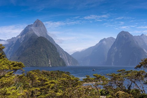 View of Milford Sound with the Mitre Peak and The Lion mountains. Milford Sound, Fiordland National