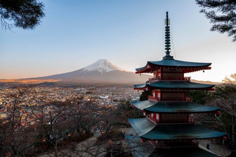Five-story pagoda of a Shinto Shrine, Chureito Pagoda, with views of Fujiyoshida City and Mount