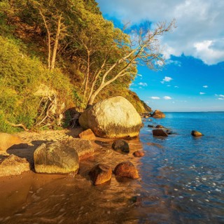 Coastal landscape with large boulders on the Baltic Sea beach in the evening light, Mönchgut Nature