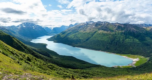 View of blue lake and mountains on Twin Peaks Trail, Eklutna Lake, Chugach Mountains, Chugach State