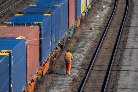 Container trains in the freight yard, so-called installation tracks in Duisburg-Rheinhausen,