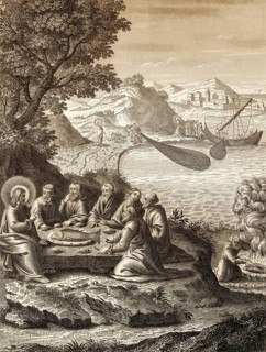 The miraculous catch of 153 fish, Resurrection of Jesus, New Testament, steel engraving 1853,