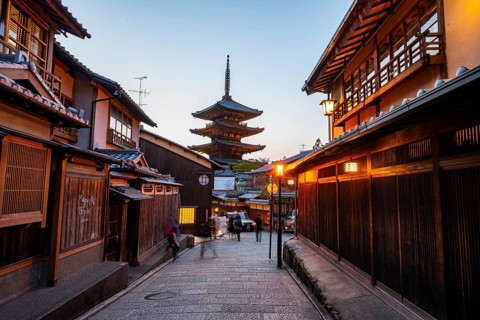 Yasaka dori historic street in the old town with traditional Japanese houses, five-story Yasaka