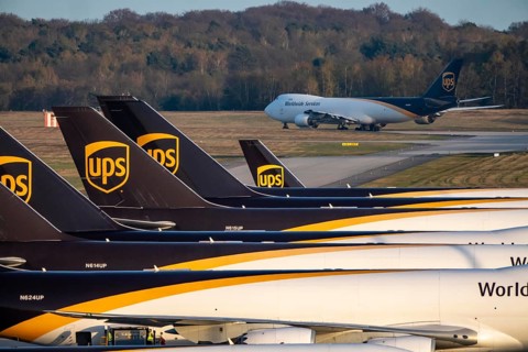 Cologne-Bonn airport, CGN, air freight center, UPS Logisic Hub, UPS cargo aircraft on the apron,
