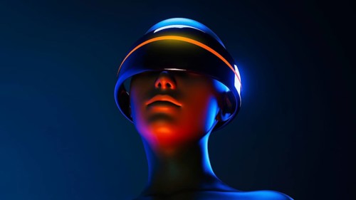 A humanoid wearing virtual goggles experiences an augmented world filled with artificial