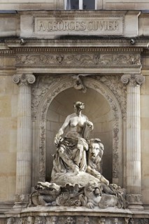 Cuvier fountain, Fontaine Cuvier, neoclassical fountain with allegorical figure and animal figures,