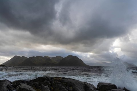 Coastal landscape with ocean surf, Lofoten, Nordland, Norway, September 2020
