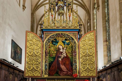 Famous medieval painting, Madonna in the Garden of Roses, by Martin Schongauer, Dominican Church,