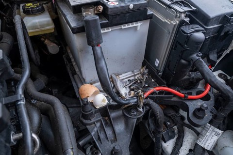 Engine compartment, engine of a passenger car with remains of prey of a stone marten (Martes