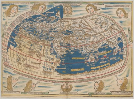 World map by Claudius Ptolemy or Ptolemy, colored woodcut by Johannes Schnitzer from Armsheim,