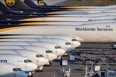 Cologne-Bonn airport, CGN, air freight center, UPS logisic hub, UPS cargo aircraft on the apron, at