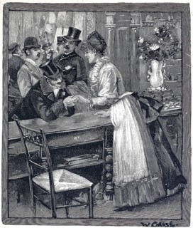 A woman in Victorian dress, possibly a waitress or barmaid, stands at a counter and interacts with