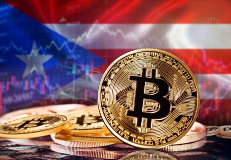 Bitcoin with Puerto Rican flag in the background. Investors in cryptocurrency and Blockchain