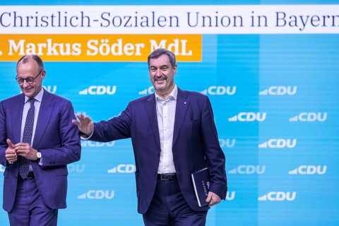 38th Federal Party Congress of the CDU of Germany in Stuttgart. Greetings from Markus Söder, party