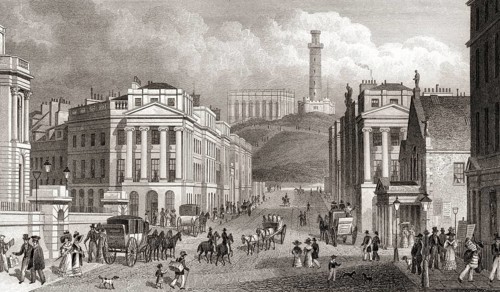 Waterloo Place, the National and Nelson's Monuments, Calton Hill, Edinburgh, Scotland, 19th