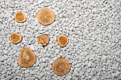 Wooden slices are stuck into the ground and surrounded by small white stones. Simple design