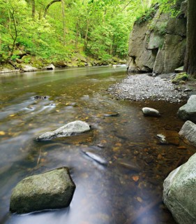 The River Bode between steep cliffs in the Bode Valley between Thale and Treseburg, Harz Mountains,