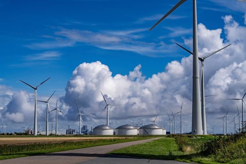 Wind farms Westereems and Growind, in the north of the Netherlands, near Eemshaven, energy centre,