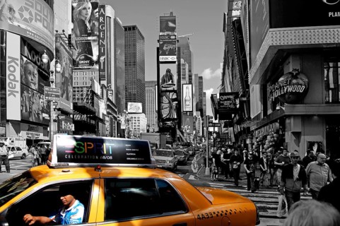 Traffic in Times Square, black and white, New York City, USA