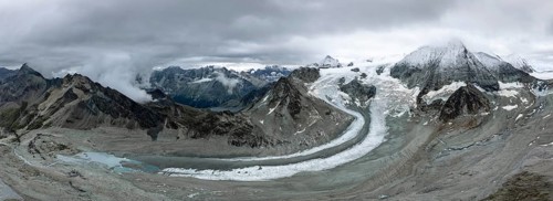 Aerial view, Alpine panorama, mountain landscape with glacier Glacier de Cheilon and summit Mont