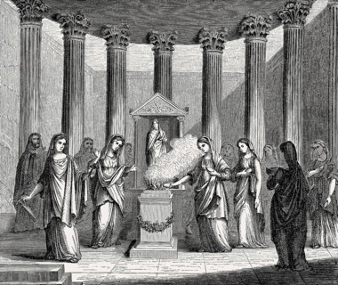 Vestal Virgins cultivating the sacred fire, Temple of Vesta, ancient Rome, Italy