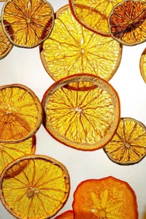 Vibrant display of dried citrus fruit slices including oranges and lemons, backlit to enhance their