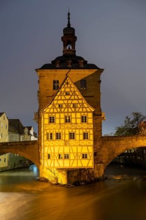 The old town hall on the river Regnitz, Blue Hour, Bamberg, Upper Franconia, Bavaria, Germany