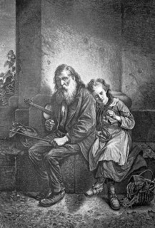 The poor violinist and his daughter, beggar, beggar musician, depicting a traveling musician with