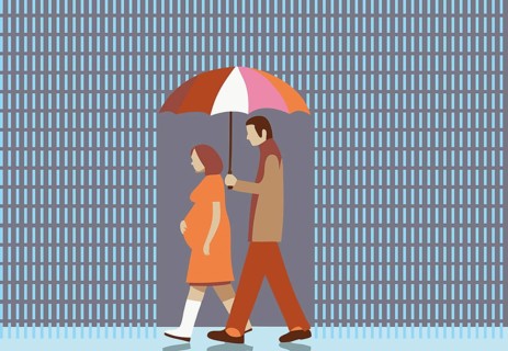 Couple walking together under umbrella in rain. Companionship, support concept
