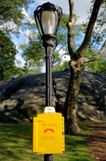 Emergency call for police at a lamppost in Central Park, New York City, USA