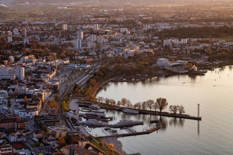 View from above of harbor, lake stage, Bregenz, Vorarlberg, Lake Constance, evening mood, Austria
