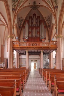 Interior view of neo-Gothic St. Martin church built in 1895 and organ, Schweich, Middle Moselle,