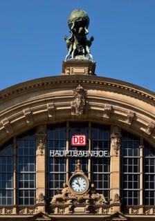 Main front of the main railway station with Atlas carrying the globe on his shoulders, Frankfurt am