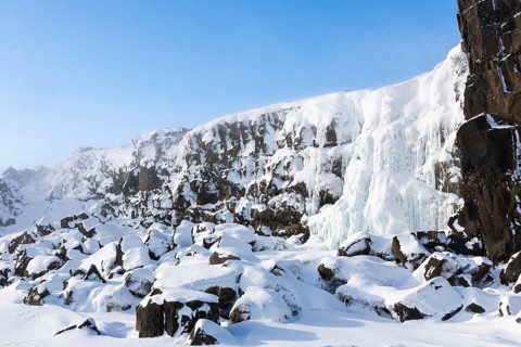Öxarárfoss, frozen waterfall, lava rock, rock, snow, frost, winter, Golden Circle, Iceland,