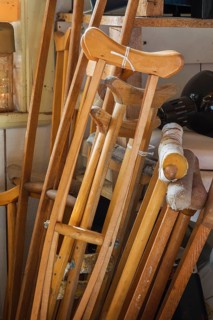Used wooden crutches for sale inside second hand goods and chattels store, Quebec, Canada