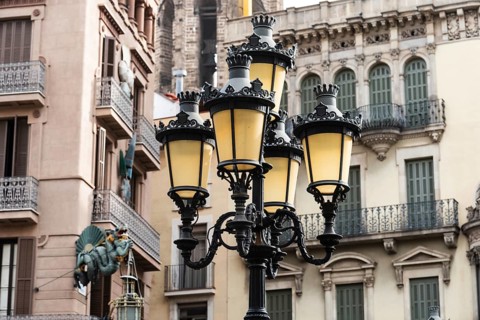 Historic street lamp on the Ramblas in Barcelona, Spain
