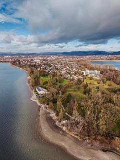 Aerial view of the Mettnau peninsula in western Lake Constance with winter vegetation with the