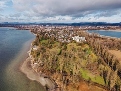 Aerial view of the Mettnau peninsula in western Lake Constance with winter vegetation with the