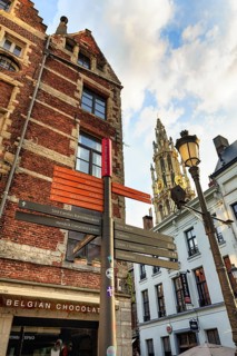 Signpost in the historic city centre, Antwerp, Flanders, Belgium