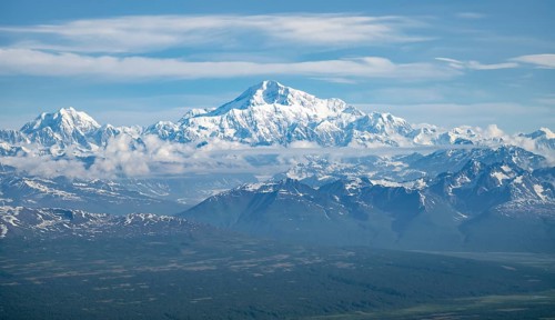 Clouds over high mountains, Mt Denali or Mount McKinley, aerial view, Alaska Range, Denali National