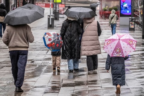 Passers-by in a pedestrian zone, Kettwiger Straße, rainy weather, city center, Essen, North