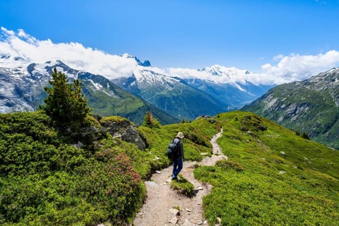 Mountaineers on hiking trail, mountain panorama with glaciated mountain peaks, Aiguille du Midi and