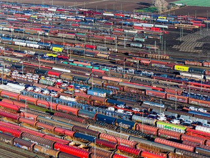Mannheim marshalling yard. There are many freight trains and freight wagons on the tracks. aerial