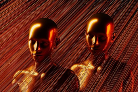 Two metal humanoids stand between illuminated lines representing the concept of artificial