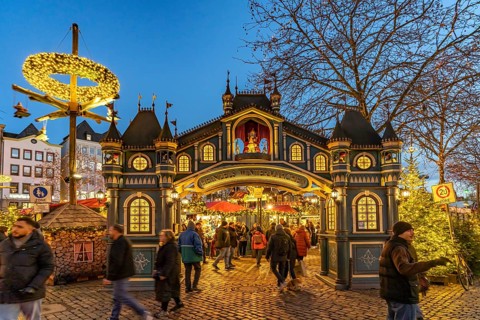 Christmas market Heinzel's winter fairy tale at dusk, Cologne, North Rhine-Westphalia, Germany