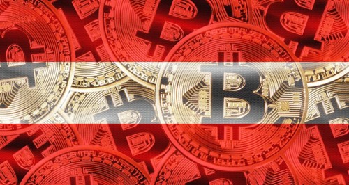 Bitcoin coins on Austria flag background. Golden bitcoin coins on Austria flag background
