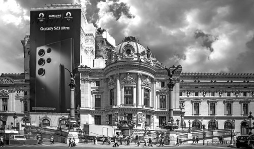 Large-scale advertisement at the Paris Opera during renovation work, black and white, Paris, France