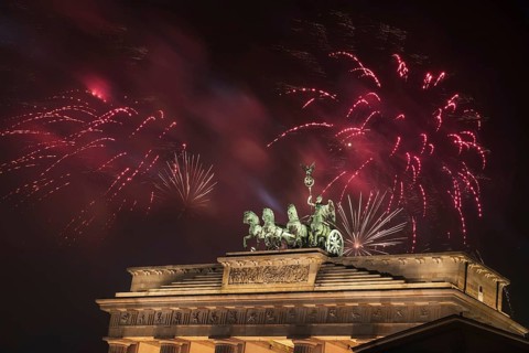 Fireworks over the Brandenburg Gate in Berlin, Germany, during New Year concert and celebrations