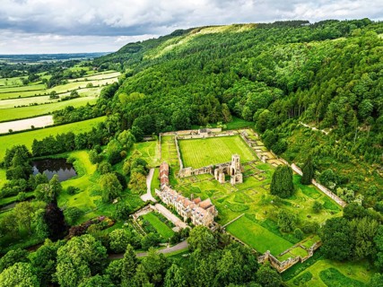 Mount Grace Priory, House and Gardens from a drone, East Harlsey, North Yorkshire, England, United